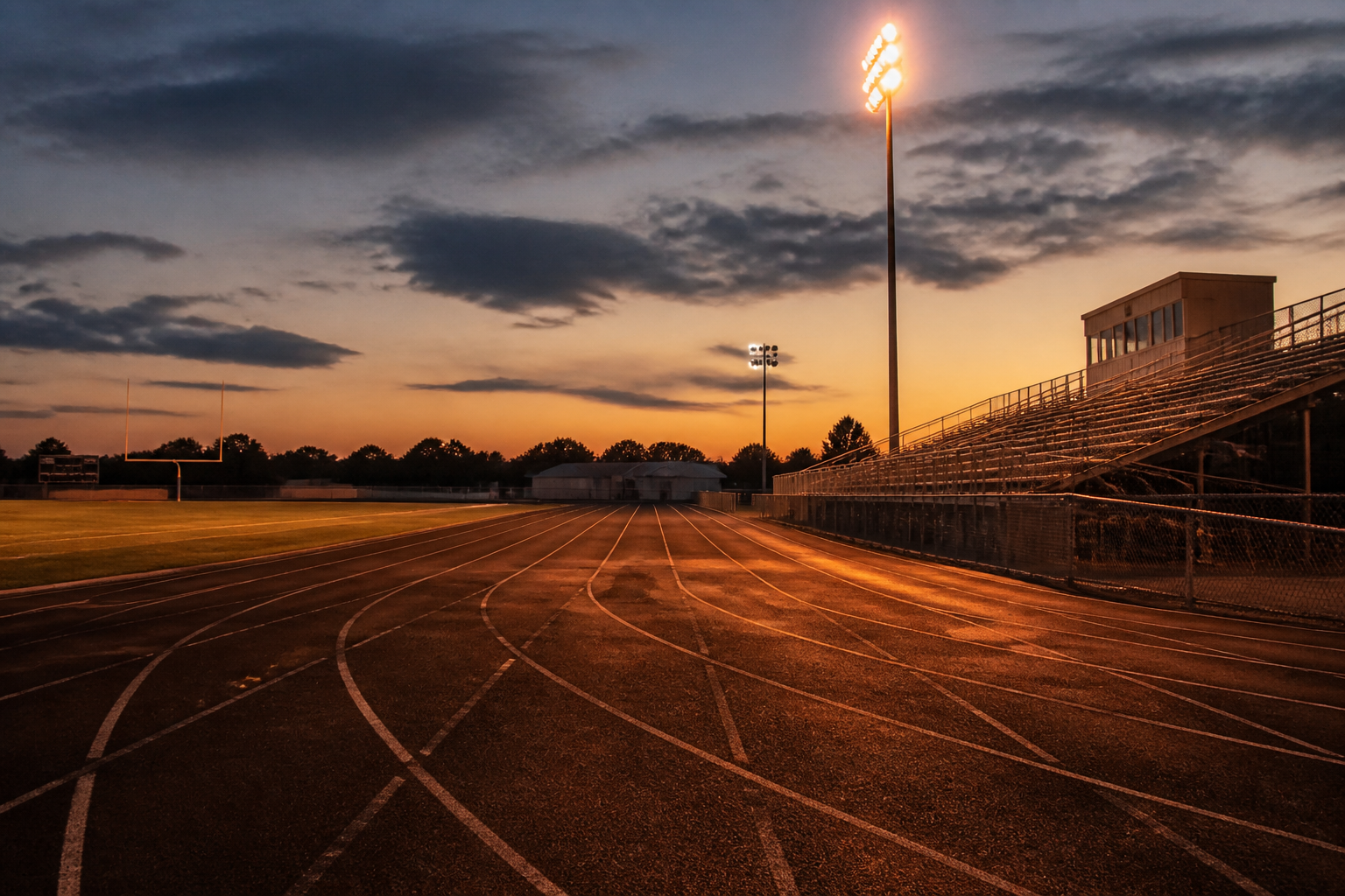 An empty high school running track at dusk with field lights coming on.