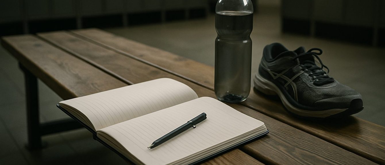 Open notebook with blank ruled pages and a pen on a wooden locker room bench beside a water bottle and running shoes